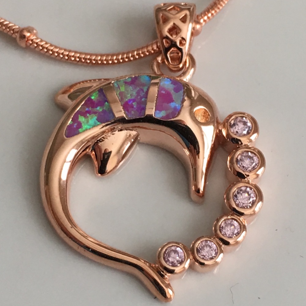 Dazzling opal dolphin 🐬 on rose chain - Picture 1 of 8